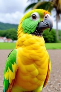 A-vibrant-Conure-perched-and-looking-curiously